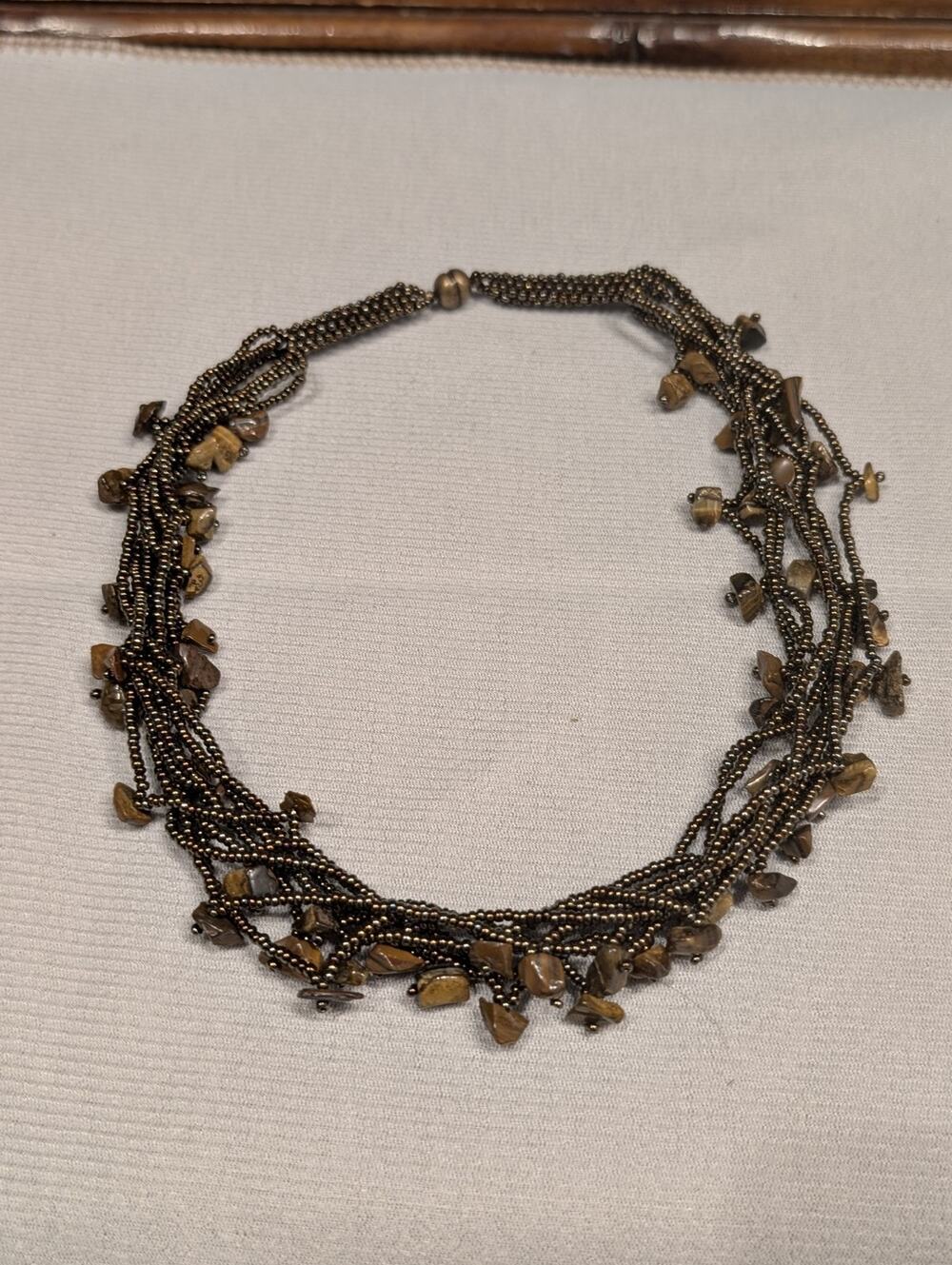 Handmade Genuine Tigers Eye Chip And Iridescent Bead Necklace 8 Strands 18"